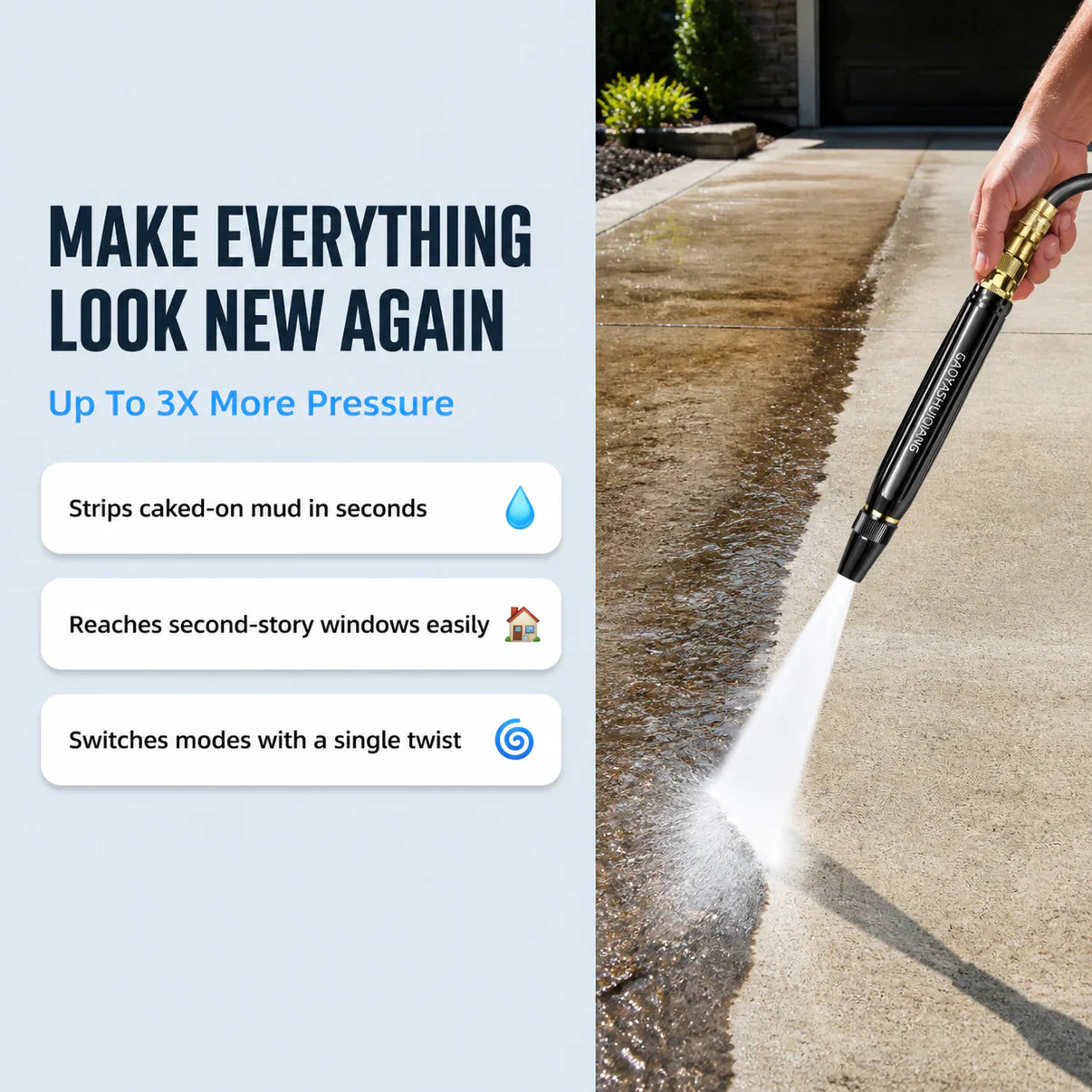 HydroWash Pro water gun attached to garden hose