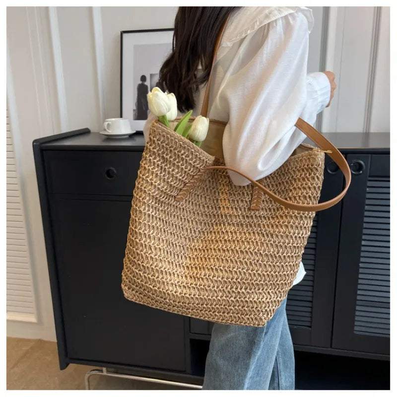 Hand-Woven Women'S Shoulder Handbag Bohemian 2025 Summer Fashion Straw Beach Tote Bag Travel Shopper Weaving Shopping Bags